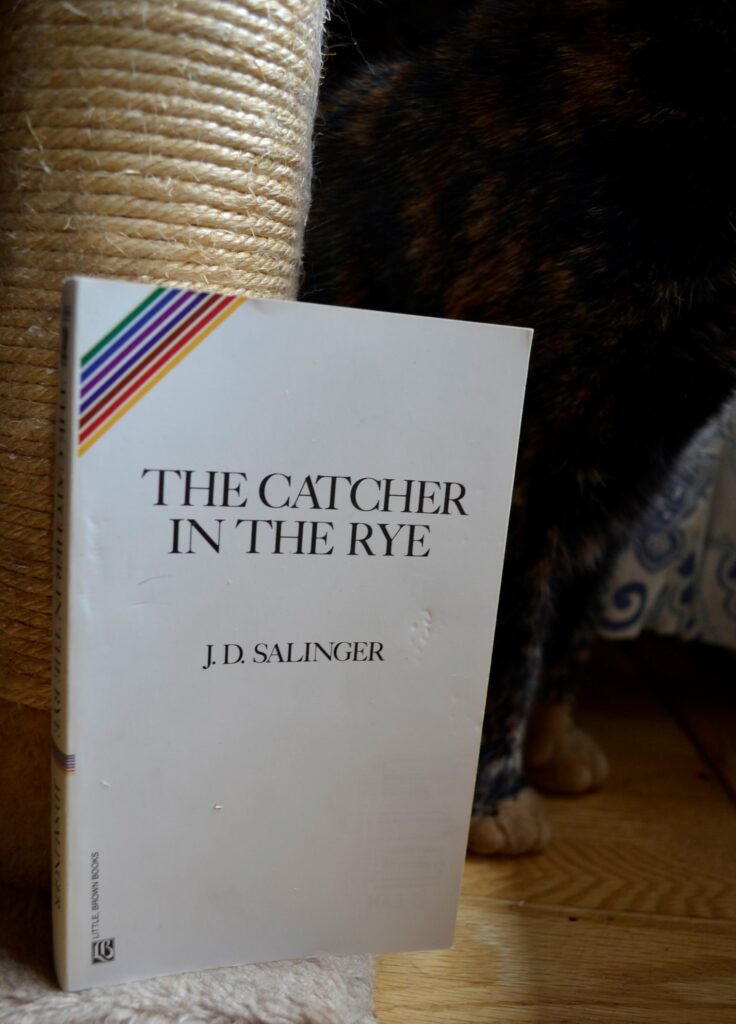 A copy of The Catcher in the Rye sits beside a pair of paws. The cover is white with black text and no image other than rainbow stripes crossing the top left corner.