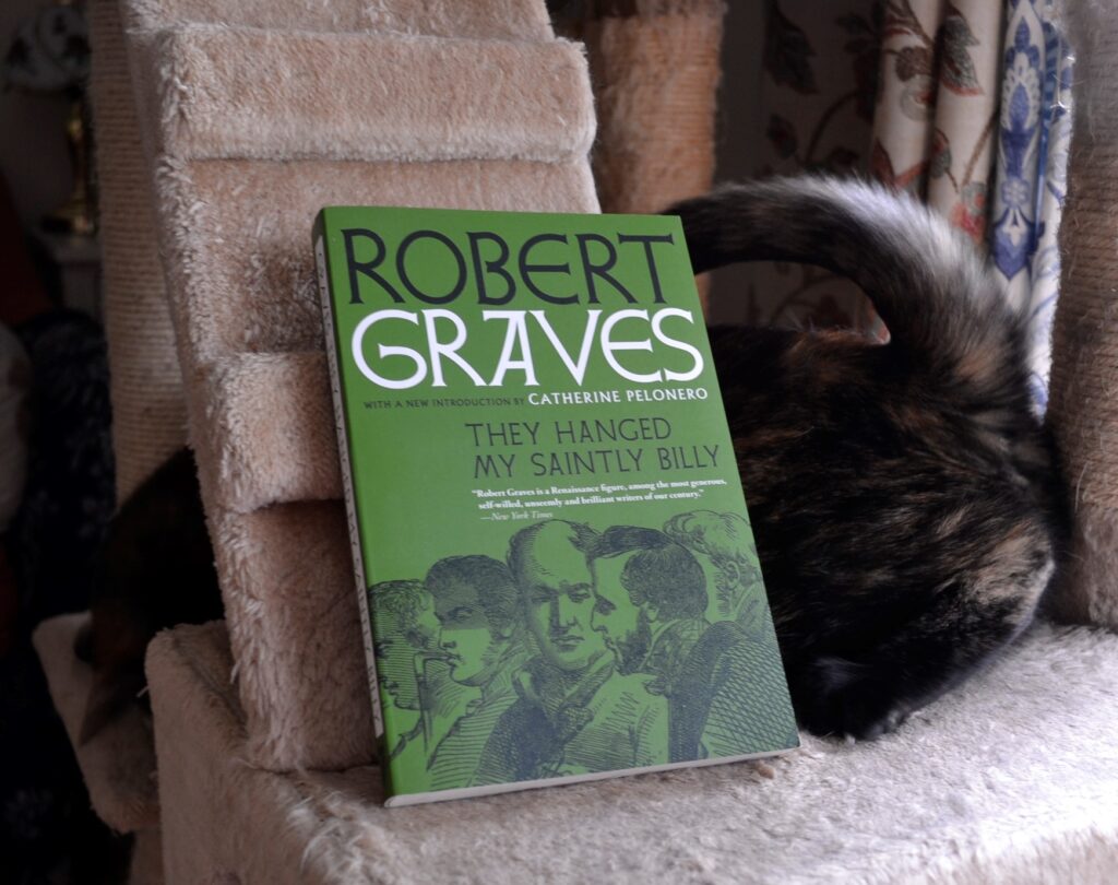 A cat's butt is seen beside a green book: They Hanged My Saintly Billy.