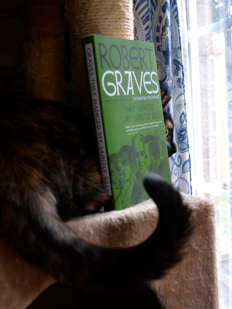 A black tail curls around the spine of They Hanged My Saintly Billy by Robert Graves.