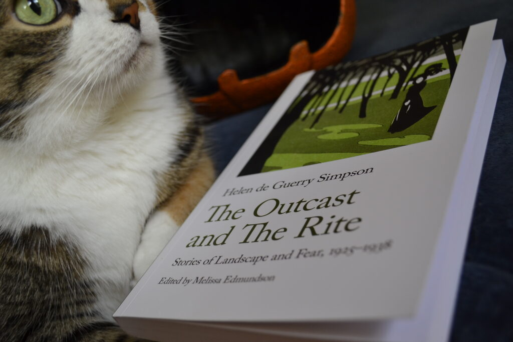 A book titled 'The Outcast and The Rite' sits beside a staring calico cat.