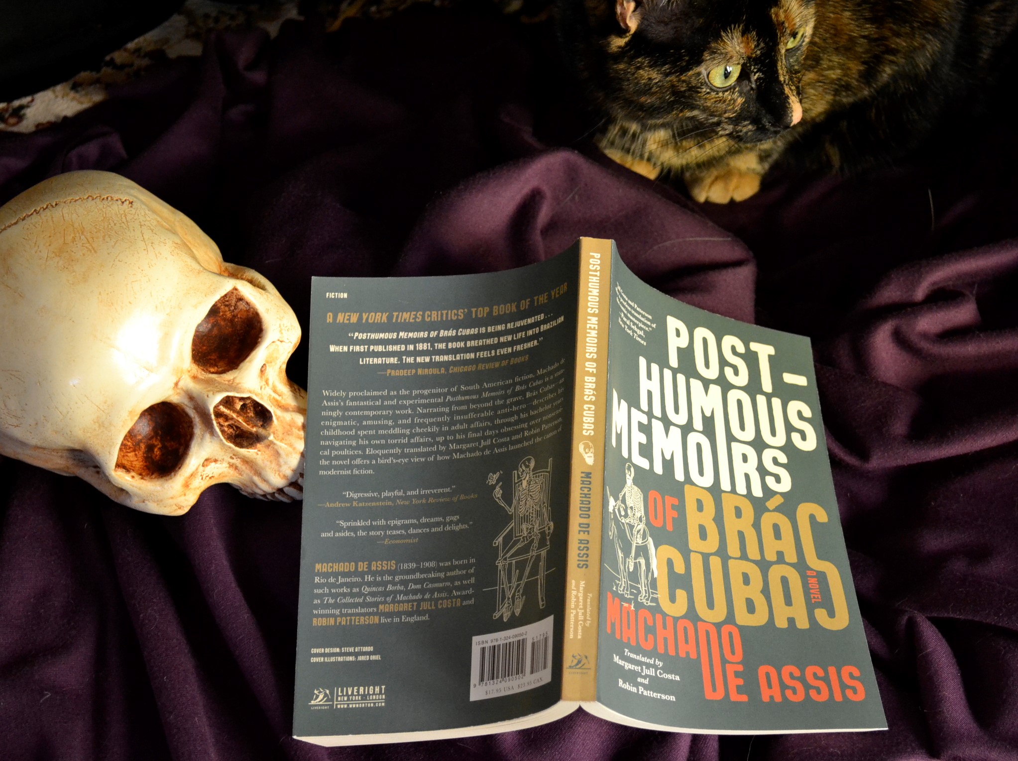 A tortie and a skull sit beside The Post-Humous Memoirs of Bras Cubas. On the back cover is a drawing of a skeleton looking at a moth.