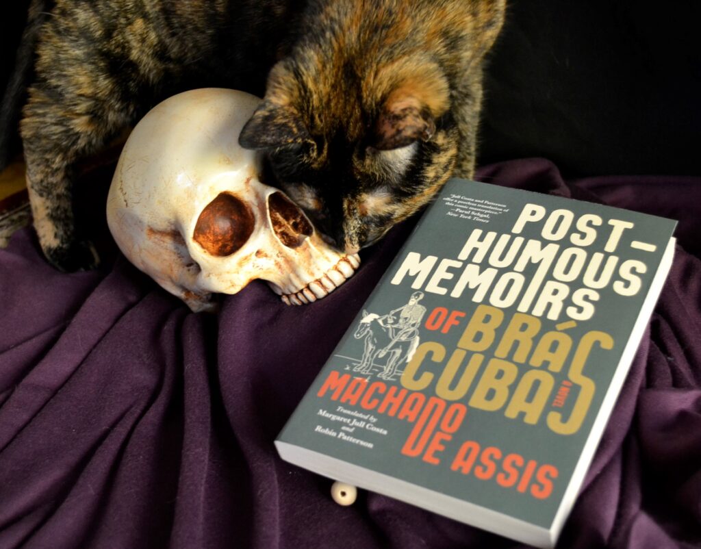 A tortoise shell cats winds around a skull beside Machado de Assis' Post-Humous Memoirs of Bras Cubas.