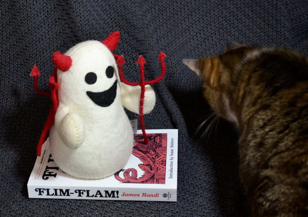 A tabby cat and a stuffed ghost sit on a copy of Flim-Flam! by James Randi.