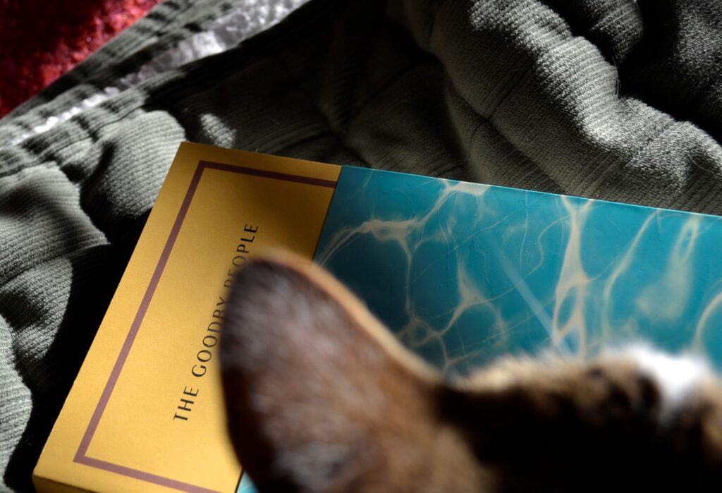 A tabby cat's ear covers most of a book except for a corner of yellow and the aqua blue water pattern.