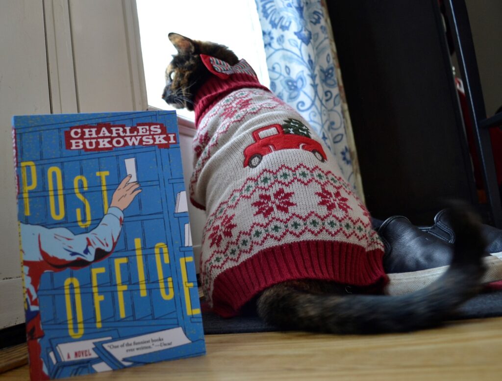 A tortoiseshell cat wearing a festive sweater and a candy-cane striped bow looks out a window. Beside her sits a copy of Post Office.