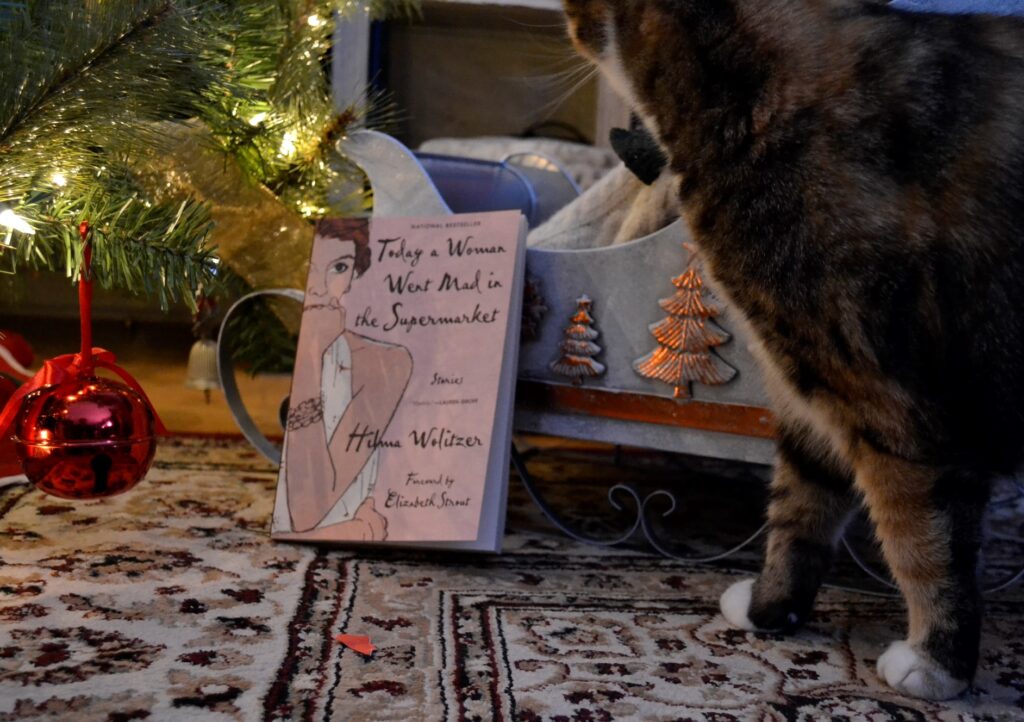 A tabby cat stands in front of a small tin sleigh, a Christmas tree, and a pink book with a drawing of a woman on the cover.