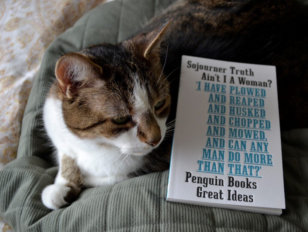 A tabby cat with green eyes looks over a copy of Sojourner Truth's speech Ain't I a Woman?