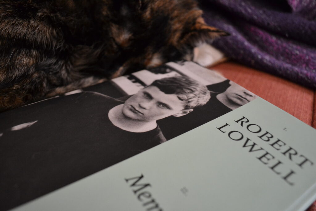 A cat sleeps beside a bit. The cover features a boy's glare and the words 'Robert Lowell' are visible.