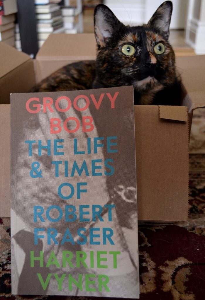 A tortoiseshell cat sits in a box. In front of her is a book: Groovy Bob by Harriet Vyner.