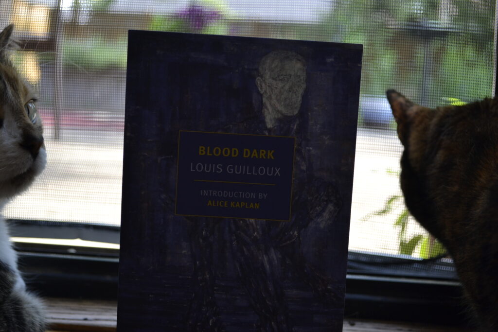 The blue cover of Blood Dark by Louis Guilloux features a blue monochrome painting of a crouched man. The figure is murky and impressionistic.