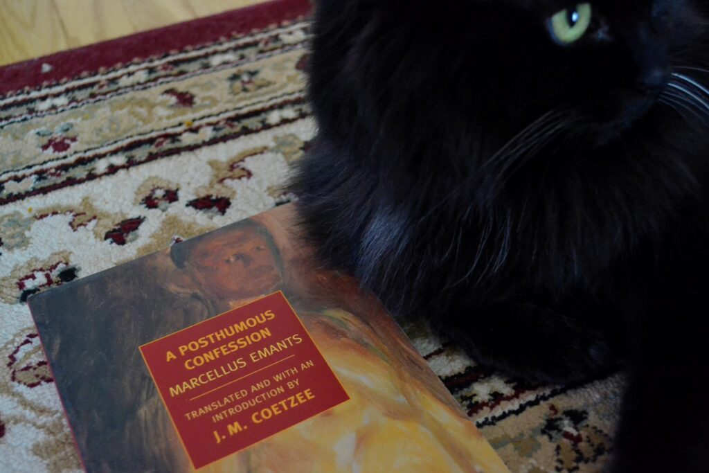 A fluffy black cat leans against a book. The book reads: A Posthumous Confession by Marcellus Emants; Translated and with an Introduction by J. M. Coetzee.