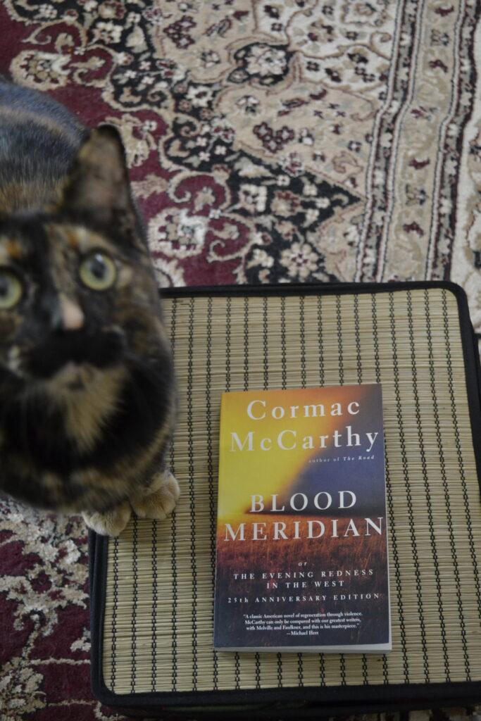 Cormac McCarthy's Blood Meridian lies on top of a woven reed basket. A tortie stands on the basket with it.