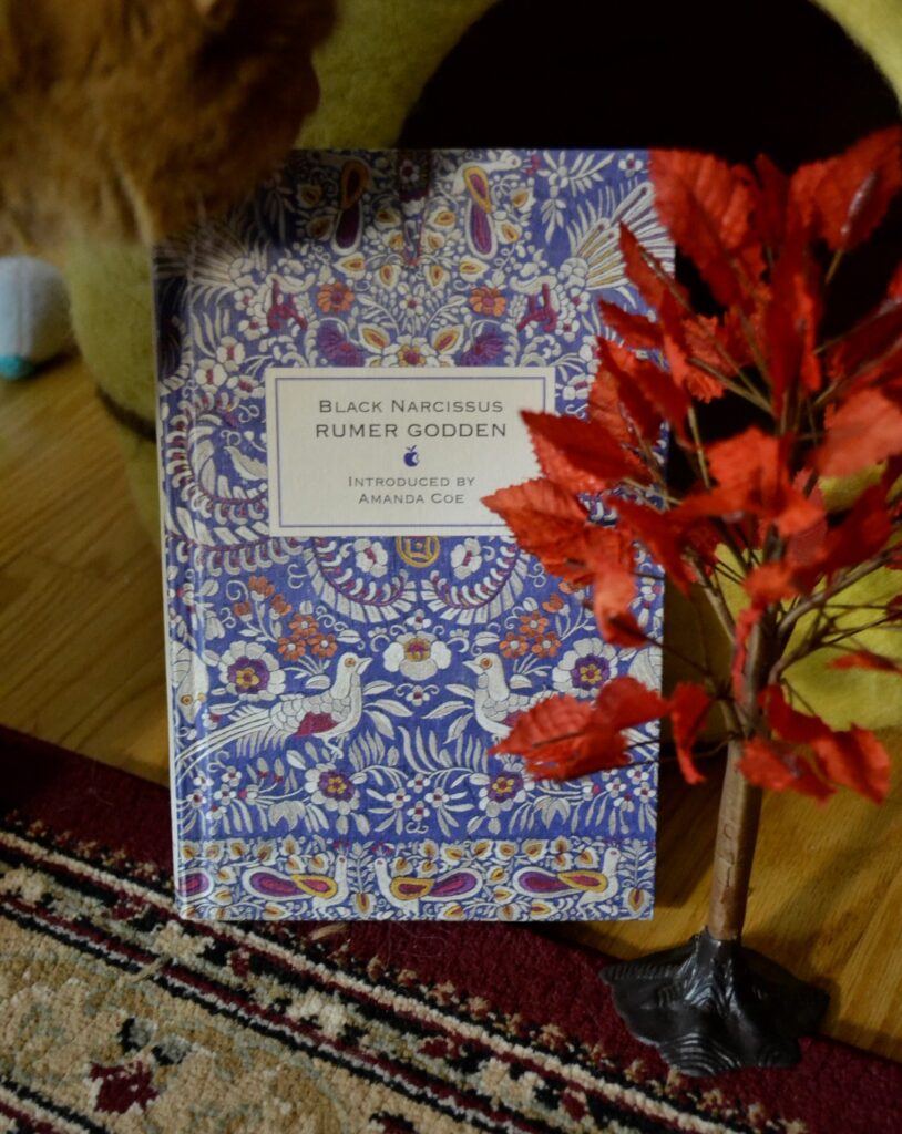Beside a miniature orange-leafed tree sits a copy of Rumer Godden's Black Narcissus. The book is blue and covered thickly with embroidery-style motifs.
