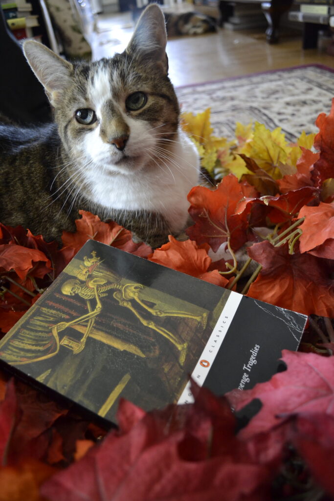 A tabby cat looks sweetly over her shoulder, nestled in a pile of leaves. A book with a skeleton on the cover is in the leaves beside her.