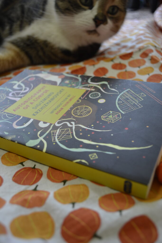 A calico tabby lies beside a book: Autobiography of a Corpse. The book's spine is a neon yellow-green.