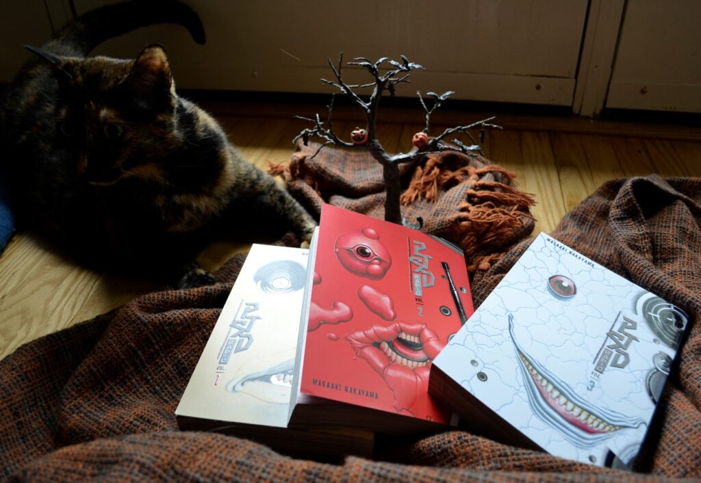 A tortie puts her paws on three books. Each of the books has a distorted face on the cover with one eye replaced with radio speakers.