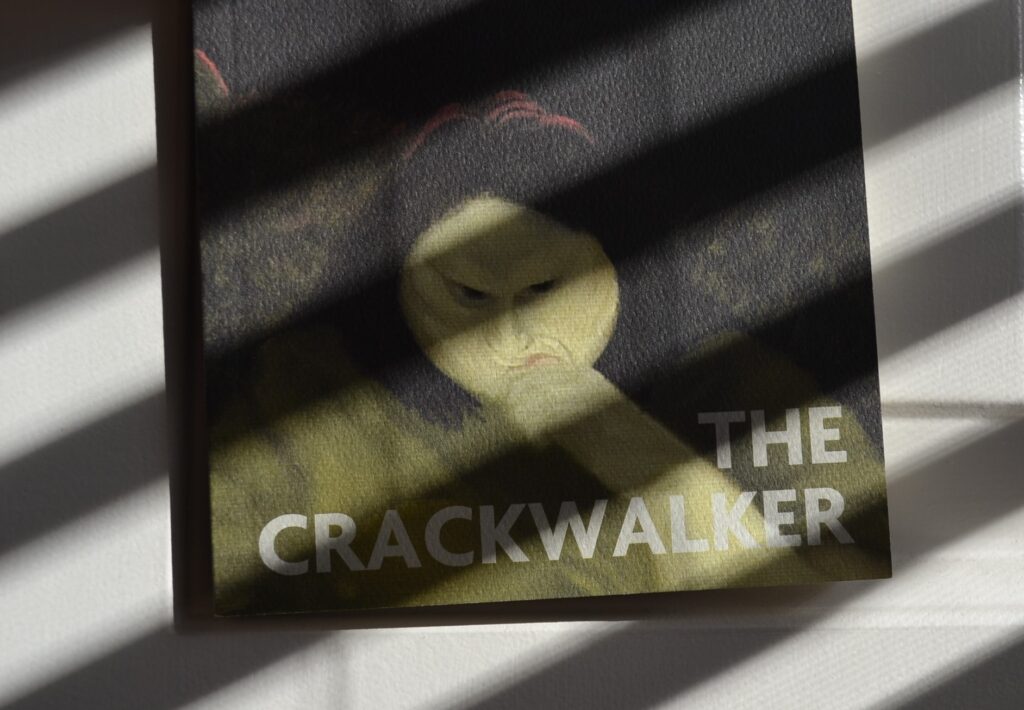 Sharp lines of light cross the dark cover and thinking figure on the cover of The Crackwalker.