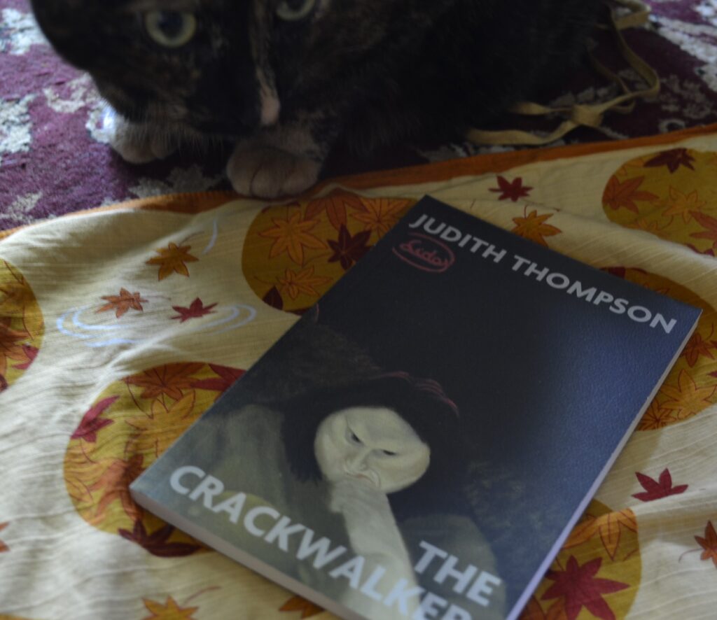 A tortie crouched beside a dark-coloured book: Judith Thompson's The Crackwalker.