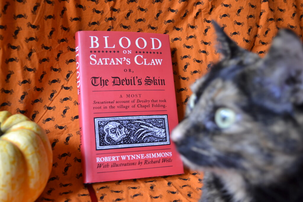 A perturbed tortie looks away from a red book — Blood on Satan's Claw by Robert Wynne-Simmons.