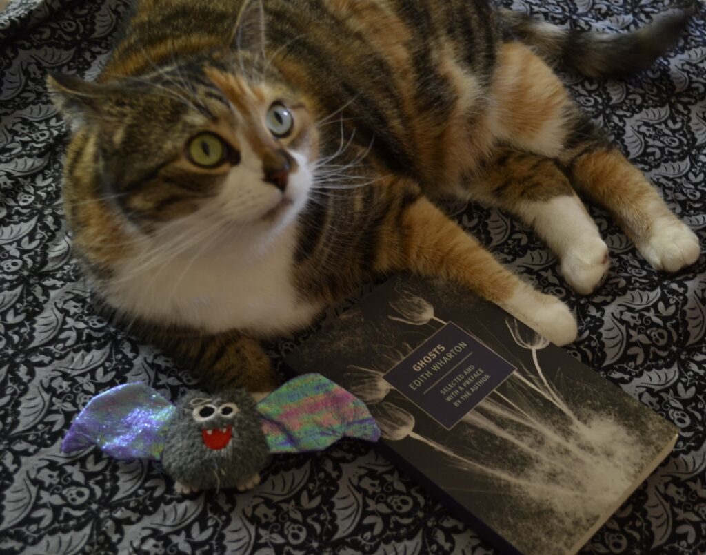 A calico tabby lies on black damask, framing a book titled Ghosts and leaning towards a small toy bat with a big smile.