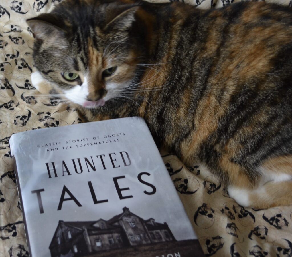 A calico tabby curls around a copy of Haunted Tales.
