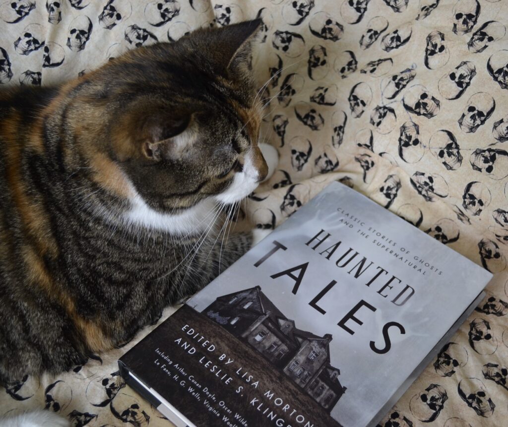 A calico tabby lies beside Haunted Tales, a book of classic short stories edited by Lisa Morton and Leslie S. Klinger.
