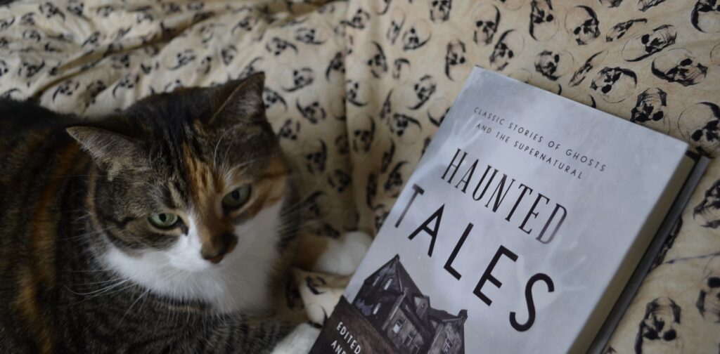 A calico tabby sites beside a grey book: Haunted Tales, classic stories of ghosts and the supernatural.