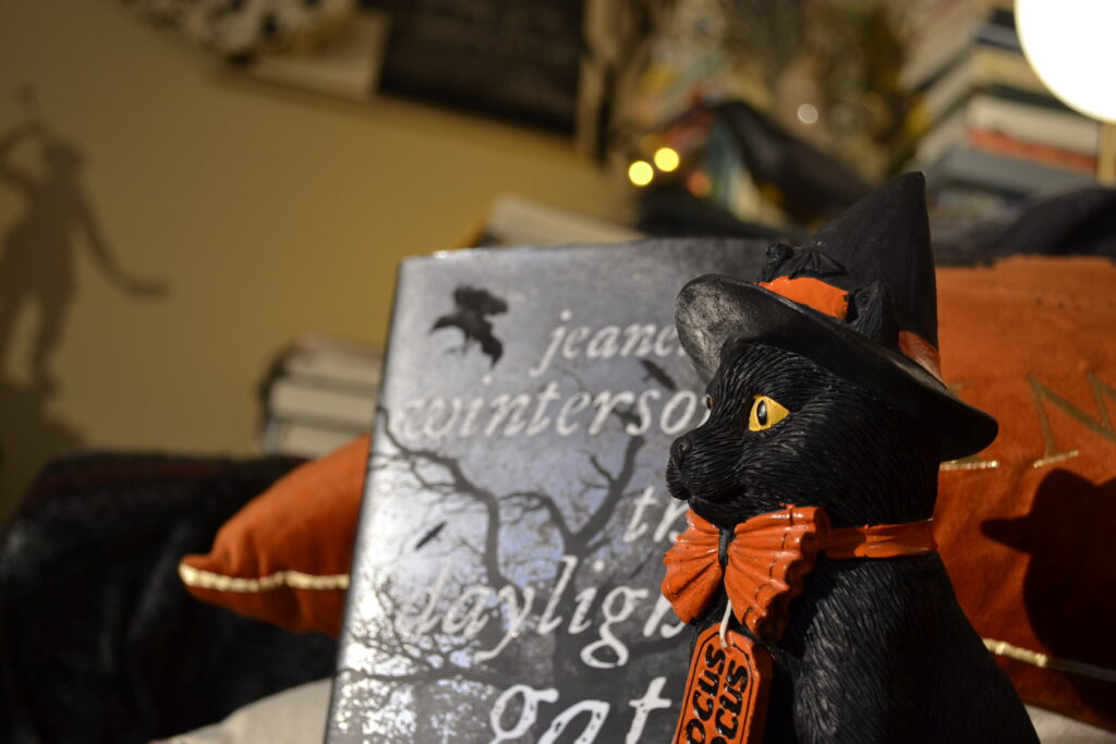 A statue of black cat in a witch hat sits beside a silver-grey book.