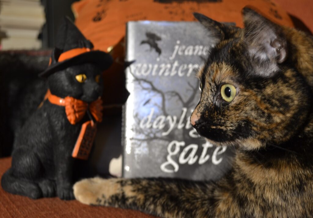 A tortoiseshell cat stretches a paw in front of a grey book and the statue of a black cat