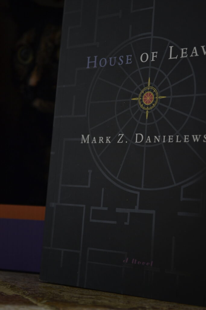 Darkness hangs on the cover of House of Leaves. 'House' is set in blue text, and the cover features a compass rose and a geometric design.