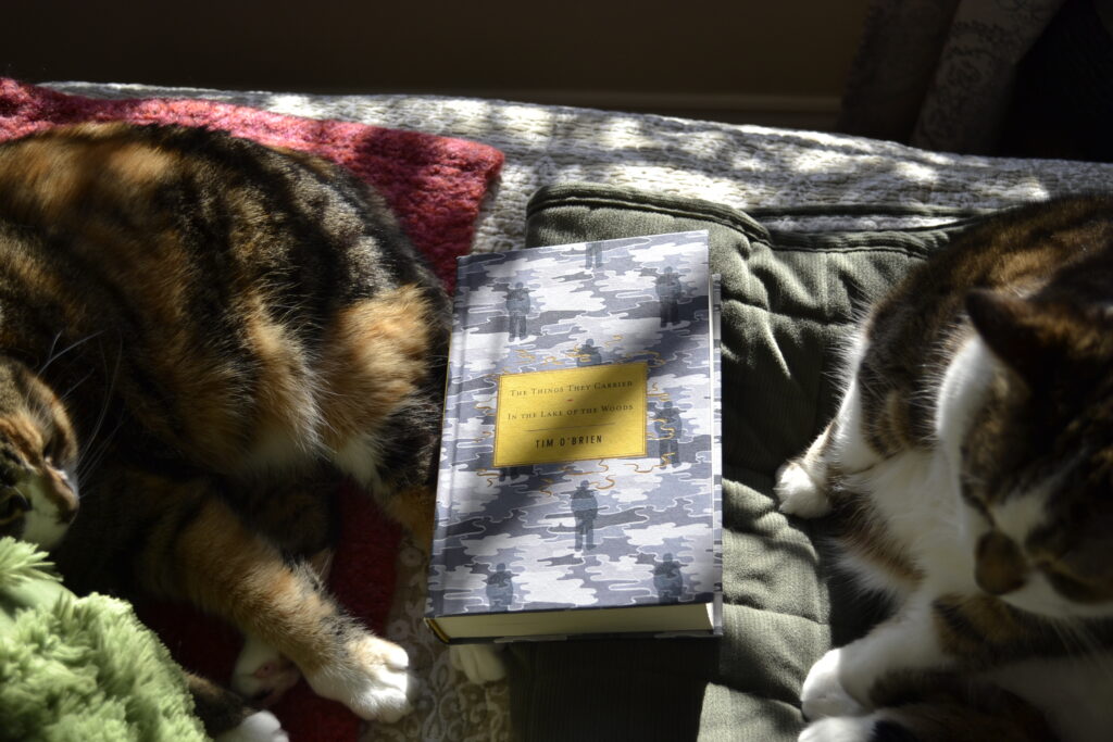 Between two tabby cats lies a book with a grey camouflage pattern on the cover: The Things They Carried/In the Lake of the Woods by Tim O'Brien.