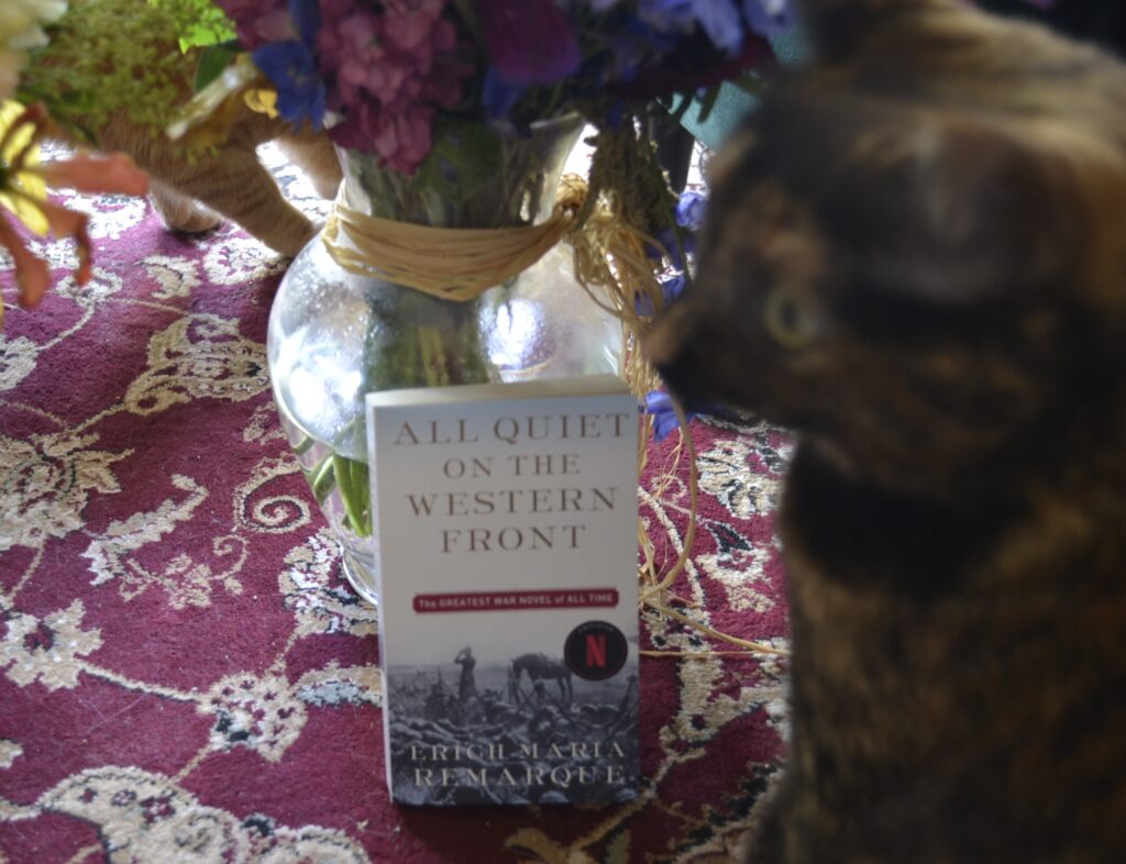 All Quiet on the Western Front leans against a vase of flowers. A tortoiseshell cat stands nearby.