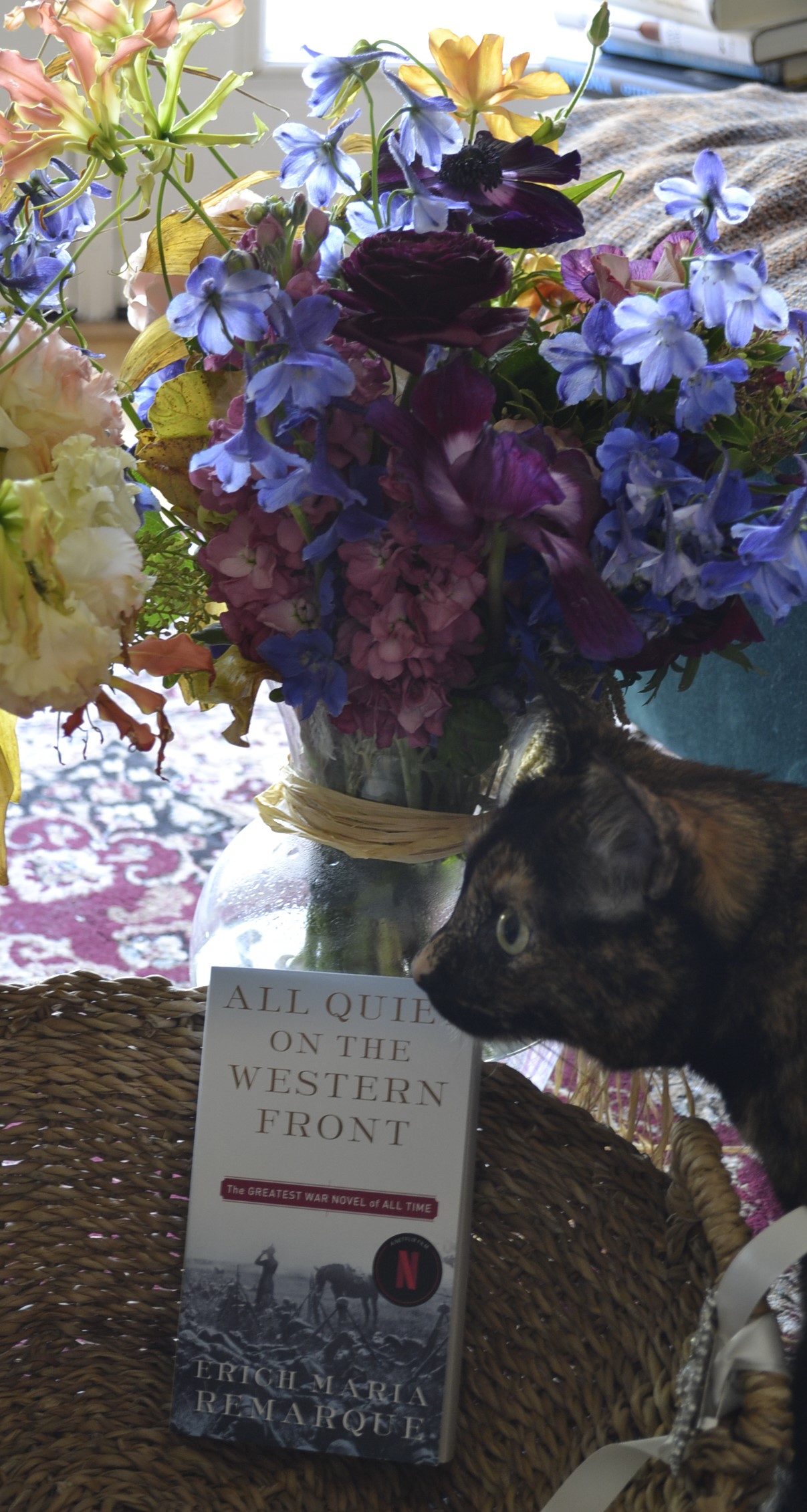 A tortie stands beneath some flowers with a copy of All Quiet on the Western Front.