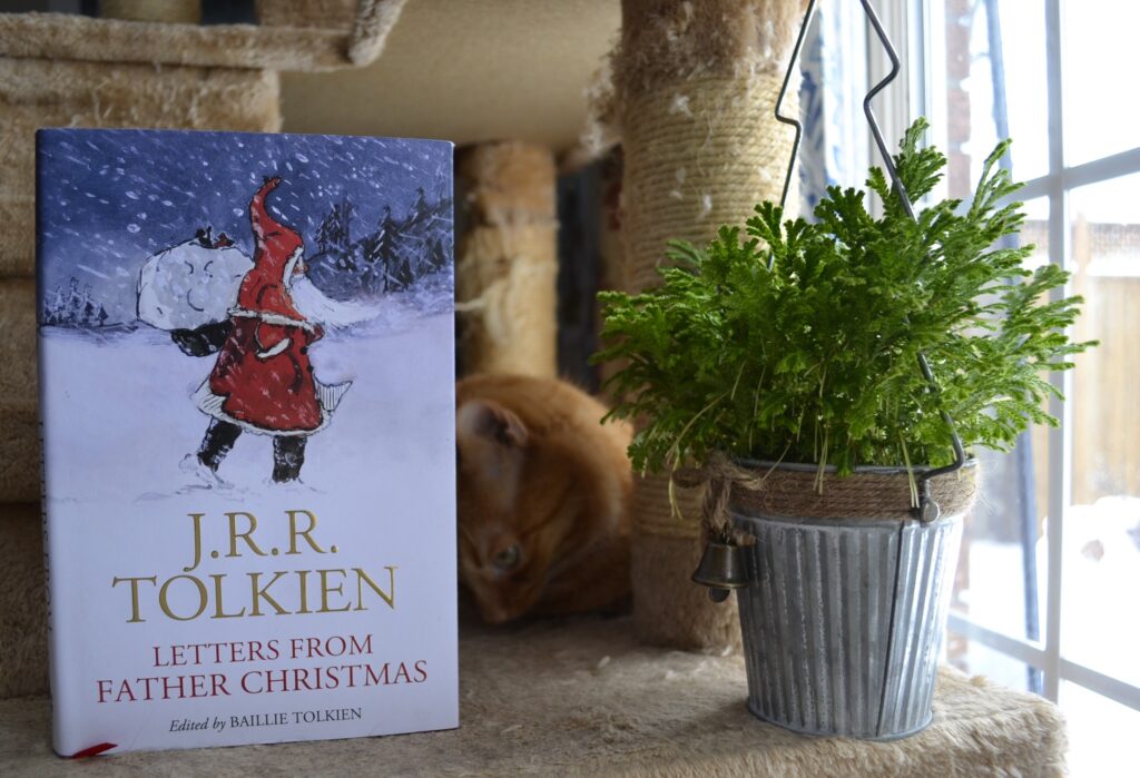Tolkien's Letters from Father Christmas sits beside a frosty fern in a holiday pot. An orange cat noodles around behind them.