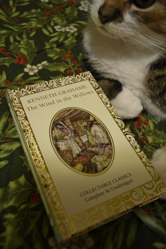 A copy of Kenneth Grahame's The Wind in the Willows has a cover edged in gold filigree with a picture of Rat, Mole, and Badger on the cover.