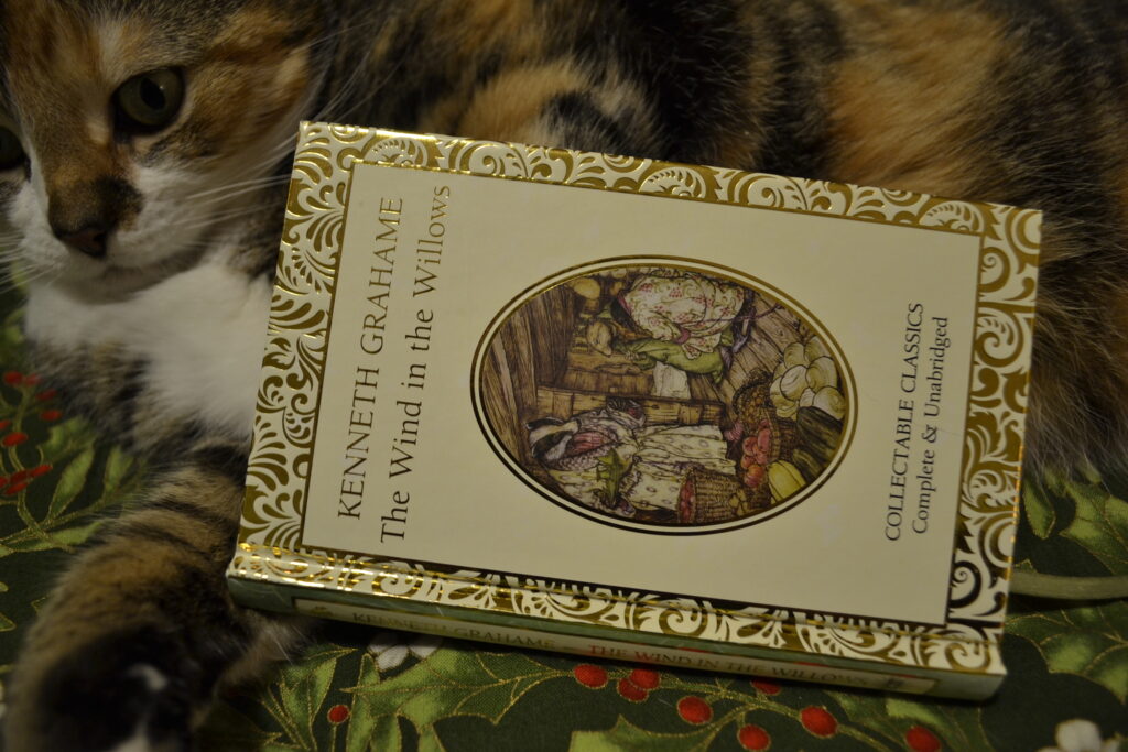 A gilded copy of The Wind in the Willows features a gold filigree border and a painted illustration of Badger's house with Mole and Rat visiting.