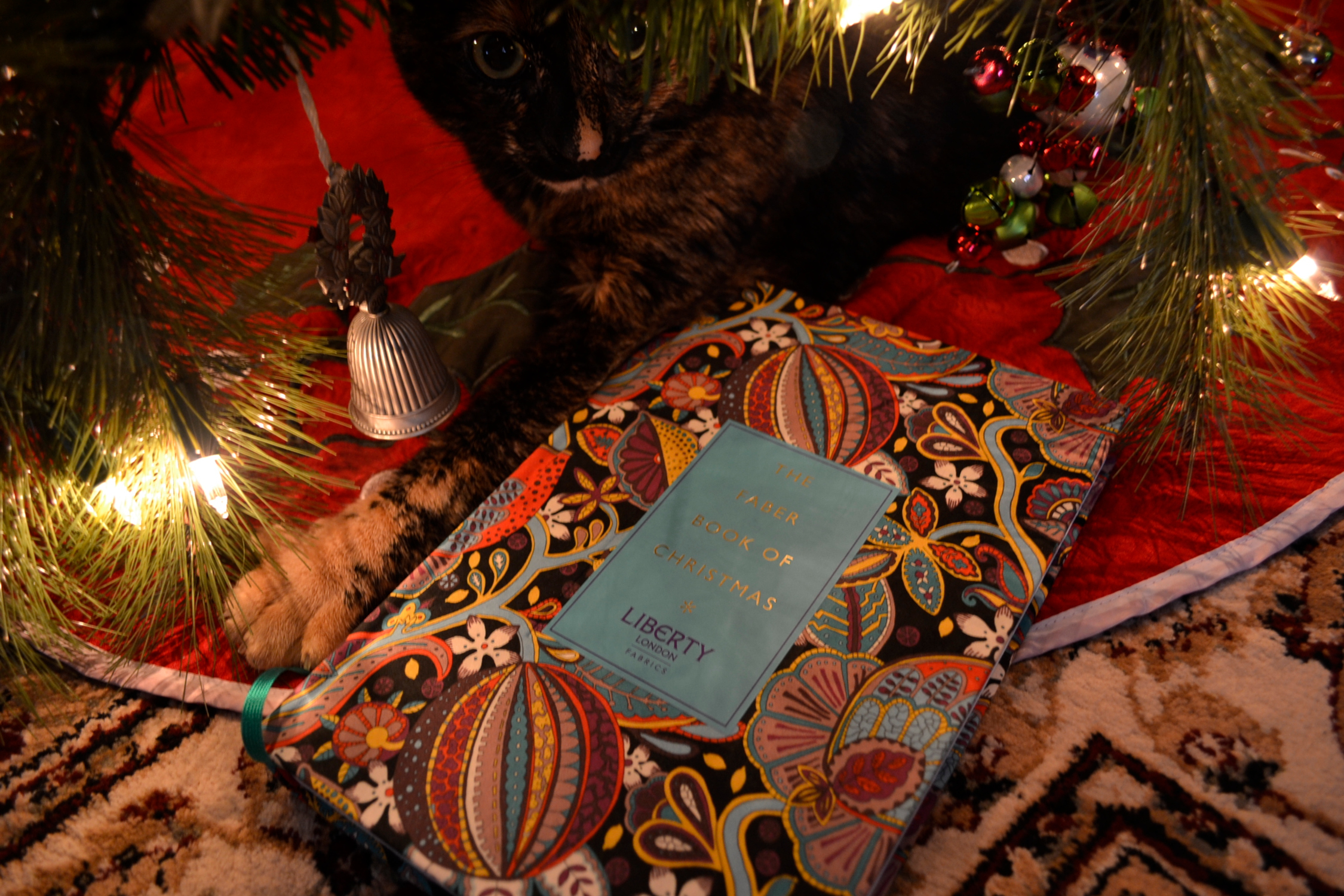 A tortoiseshell cat lies beneath a Christmas tree with her multi-coloured paw stretched out along the side of the multi-coloured cover of a book.