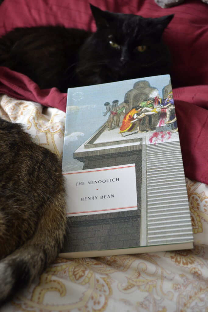 A fawn tabby's tail wraps around The Nenoquich by Henry Bean. A black cat sleeps behind the book.