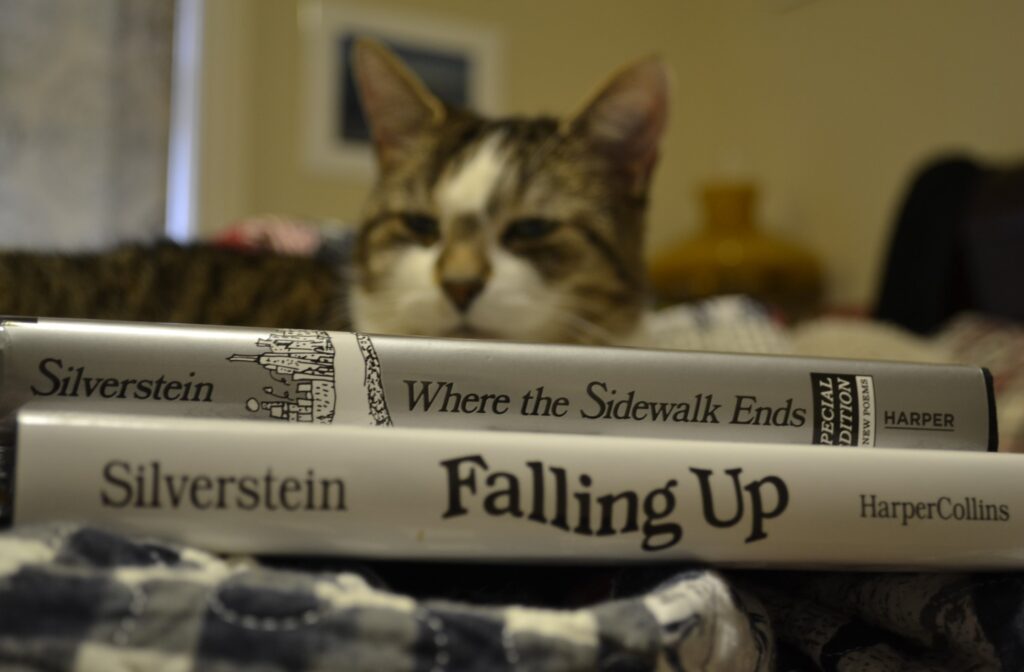 The spines of two books are shown: Where the Sidewalk Ends and Falling Up.