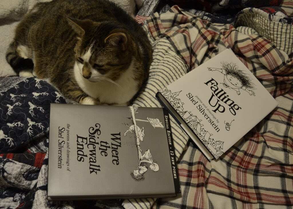 A tabby cat sits on an unmade bed beside two books by Shel Silverstein: Where the Sidewalk Ends and Falling Up.