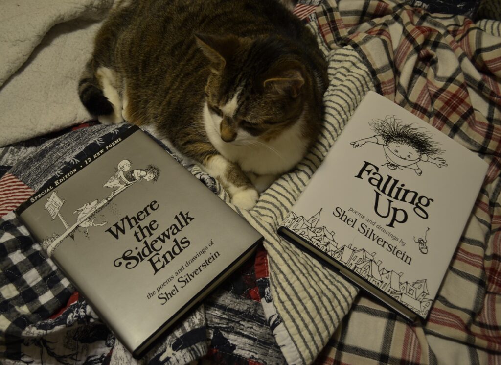 A tabby cat sits between Where the Sidewalk Ends and Falling Up — both oversized books and illustrated.
