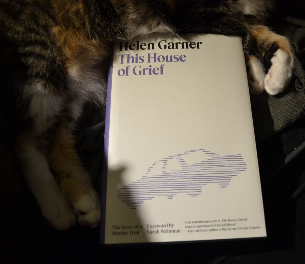 A calico cat frames the edges of a white book. The book is This House of Grief by Helen Garner, and it has a purple sketch of a car on the white cover.