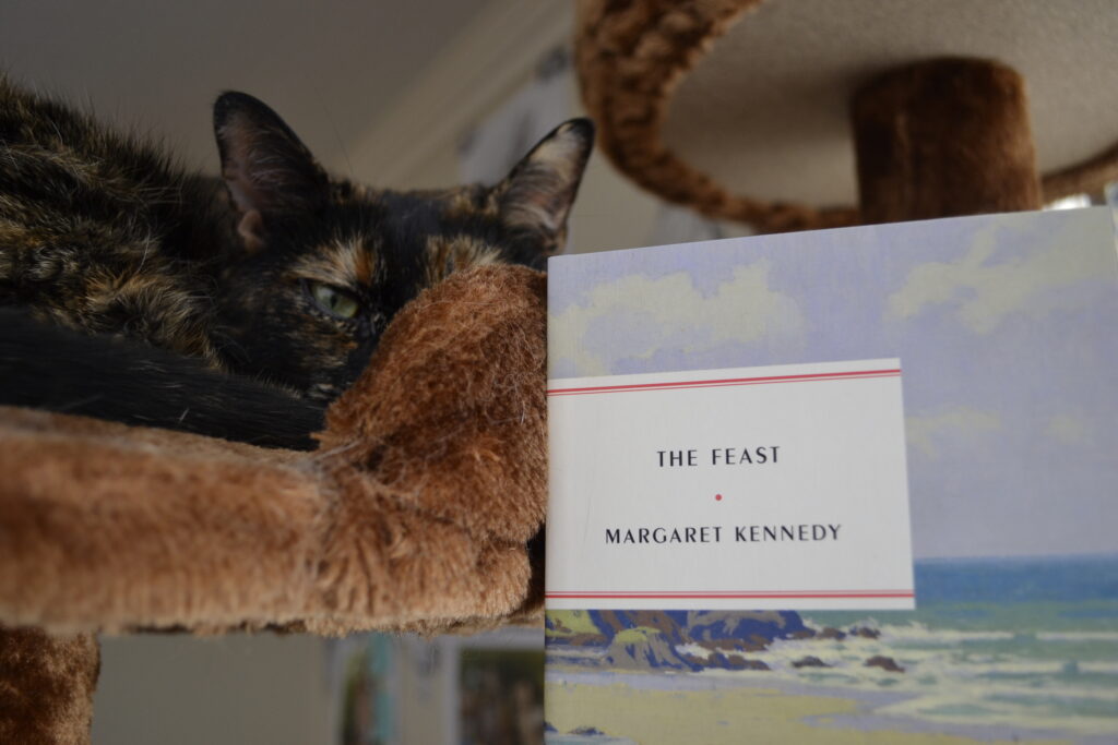 A tortoiseshell cat sleeps beside a book: The Feast by Margaret Kennedy.