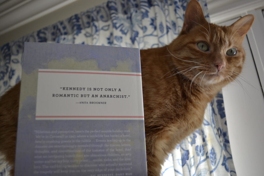 An orange tabby stands behind a book. The back of the book reads: "Kennedy is not only a romantic but an anarchist." — Anita Brookner