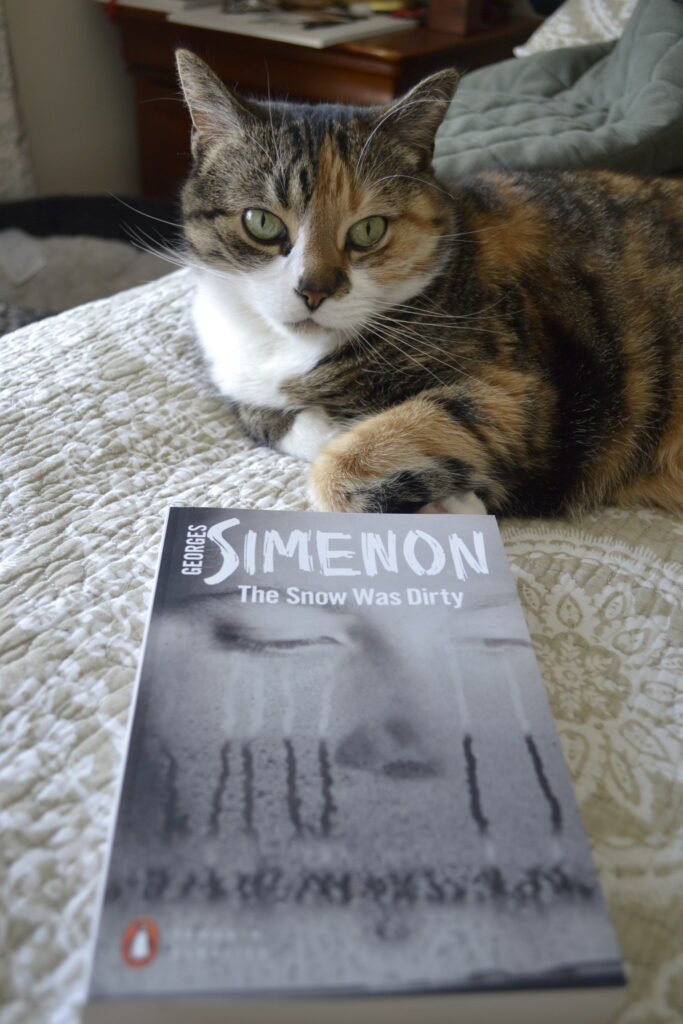 A book lies on a bed with a calico tabby. The book is The Snow Was Dirty by Georges Simenon.