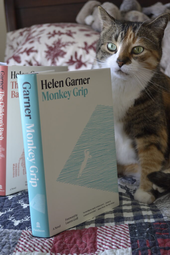 Two books by Helen Garner sit, spine-out. One spine is red; one spine is blue. A calico tabby sits behind them, looking confused.