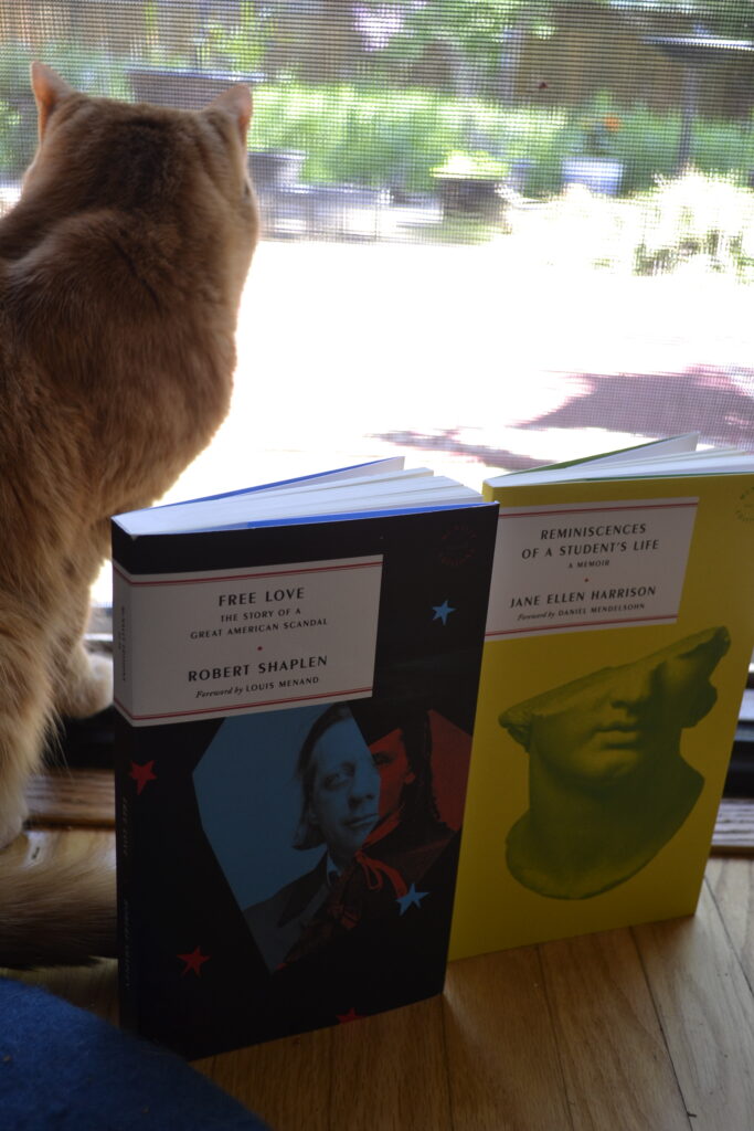 An orange cat sits beside two books.