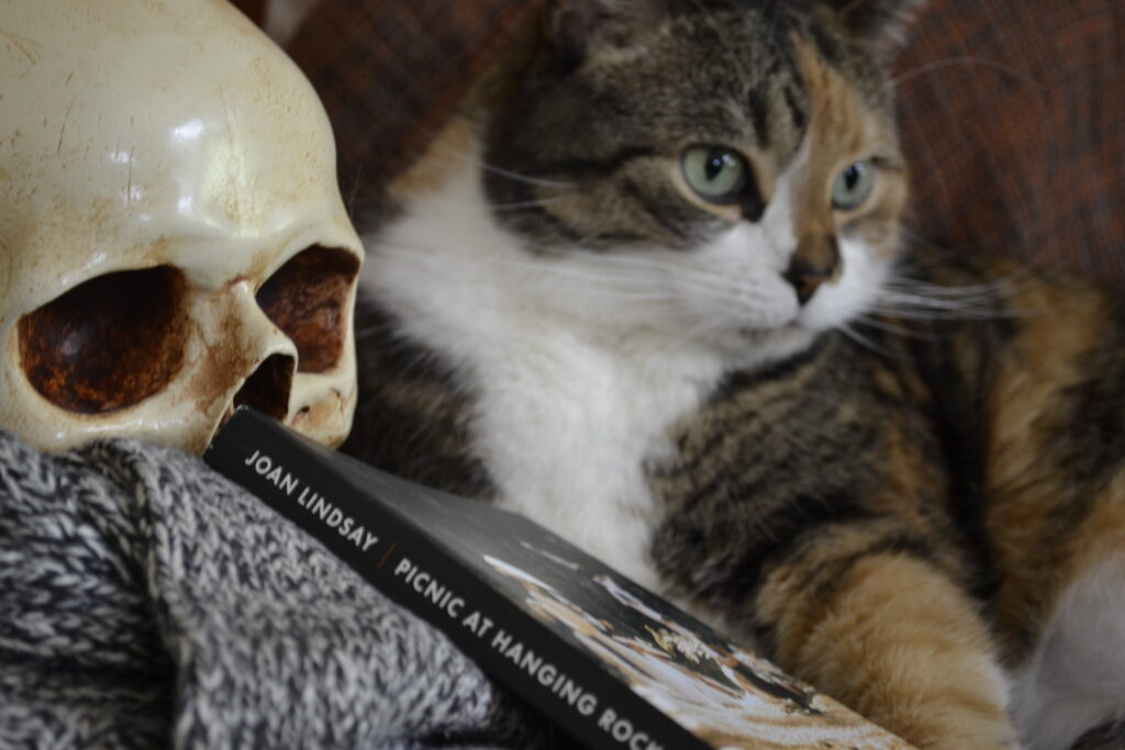 Joan Lindsay's Picnic at Hanging Rock leans against a cat and a skull.