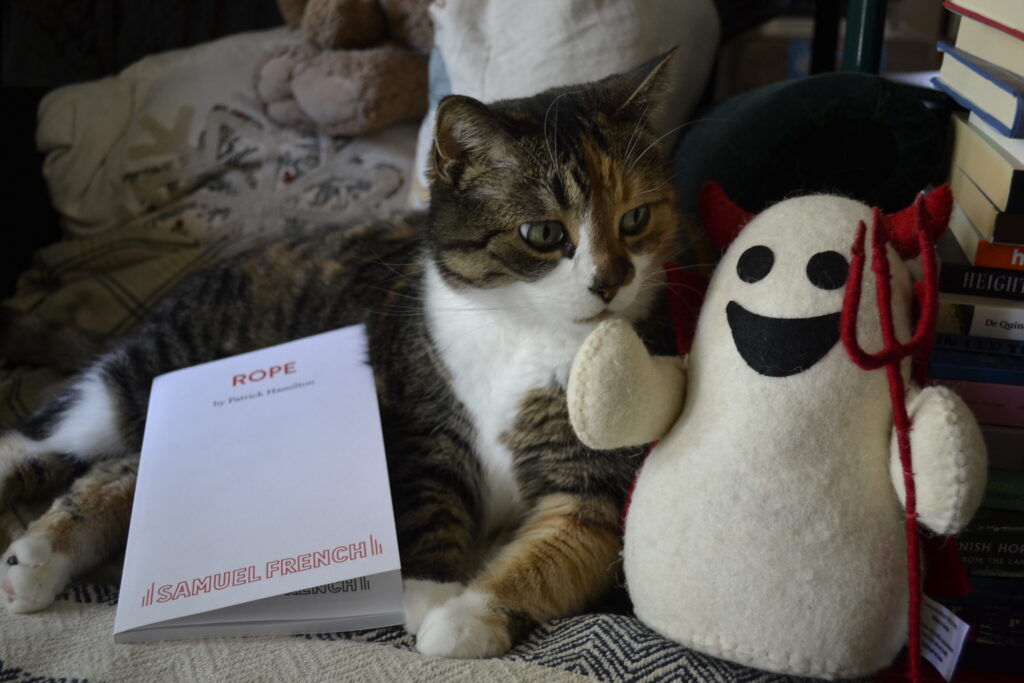 A calico tabby snuggles with a toy ghost. Rope sists beside her.