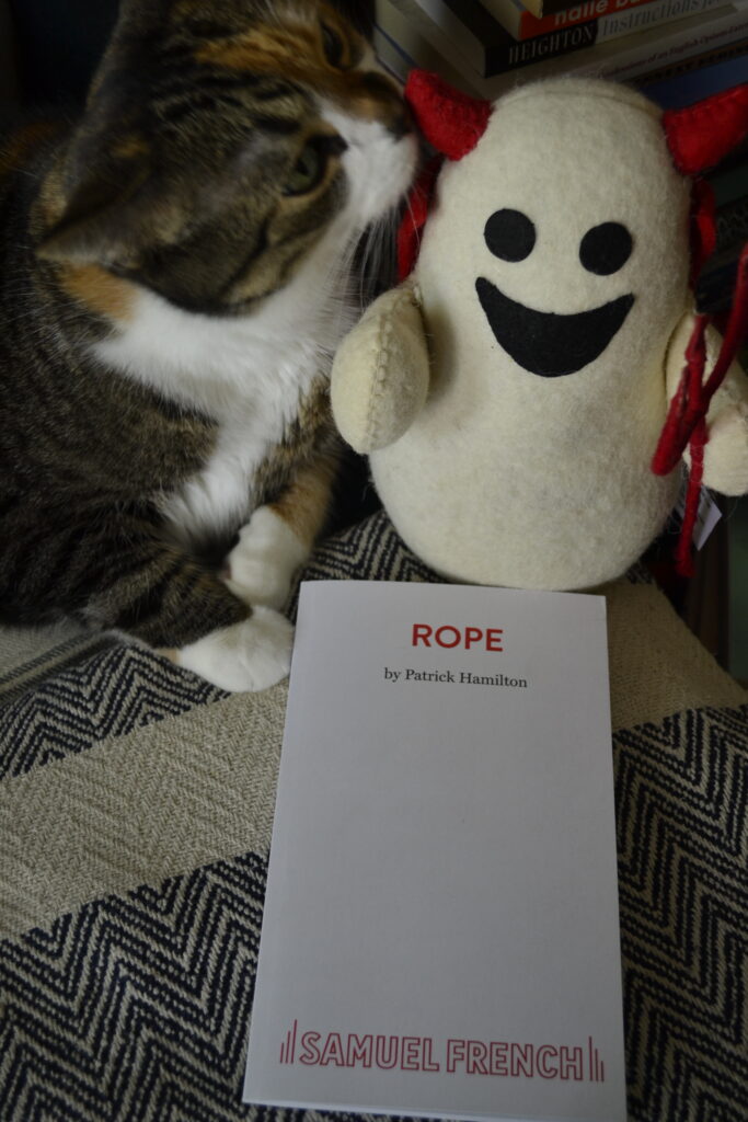 A calico tabby sniffs a toy ghost beside a copy of Rope by Patrick Hamilton.